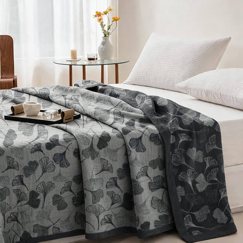 Ensemble de couvertures en coton à feuilles de ginkgo gris et noir Ownkoti - image 3