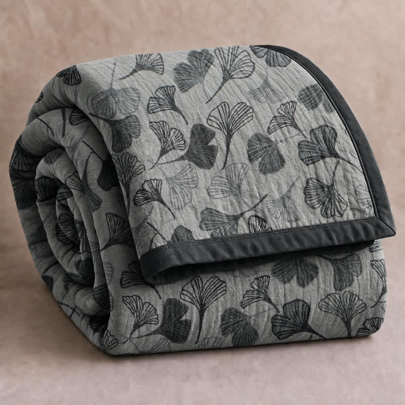 Ensemble de couvertures en coton à feuilles de ginkgo gris et noir Ownkoti - Gris clair - 90" x 92" - image 0