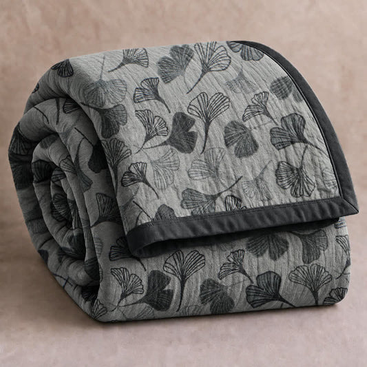 Ensemble de couvertures en coton à feuilles de ginkgo gris et noir Ownkoti - Gris clair - 90" x 92" - image 0
