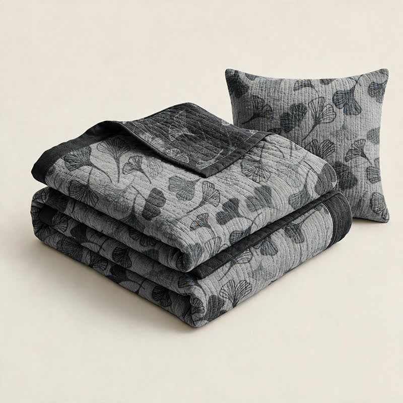 Ensemble de couvertures en coton à feuilles de ginkgo gris et noir Ownkoti - image 2