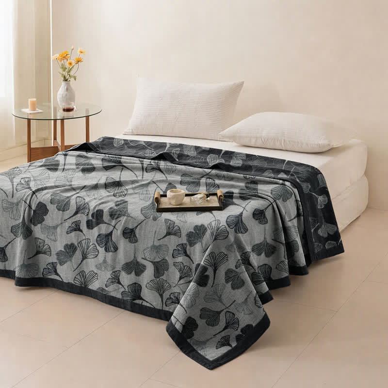 Ensemble de couvertures en coton à feuilles de ginkgo gris et noir Ownkoti - image 5