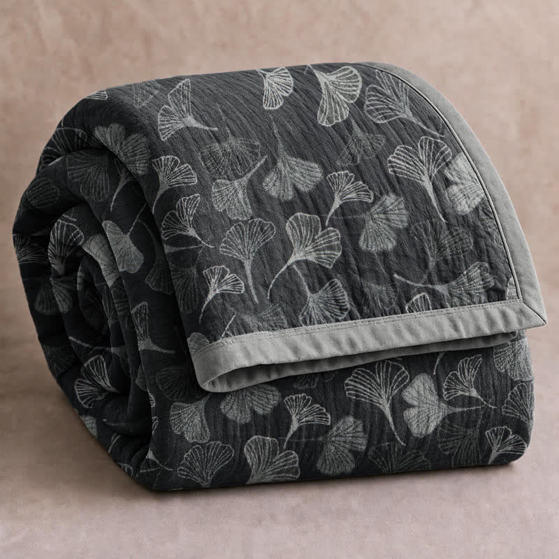 Ensemble de couvertures en coton à feuilles de ginkgo gris et noir Ownkoti - Noir - 90" x 92" - image 6
