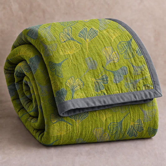 Ensemble de couvertures en coton à motif de feuilles de ginkgo vert-gris Ownkoti - Vert - 90" x 92" - image 0
