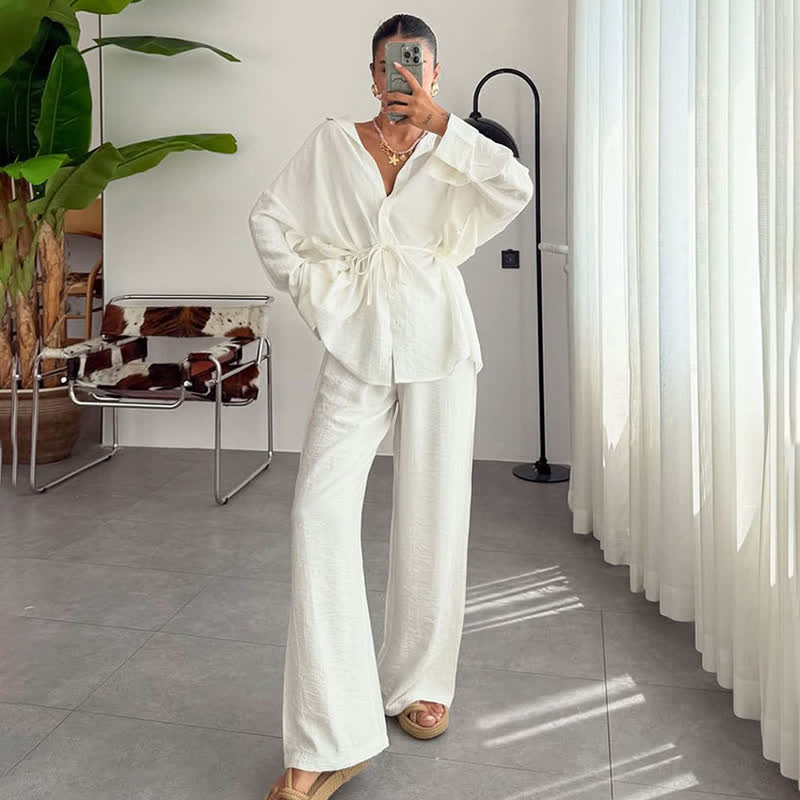 Ensemble de vêtements d'intérieur texturés et froissés de couleur unie Ownkoti - Blanc - L - image 0