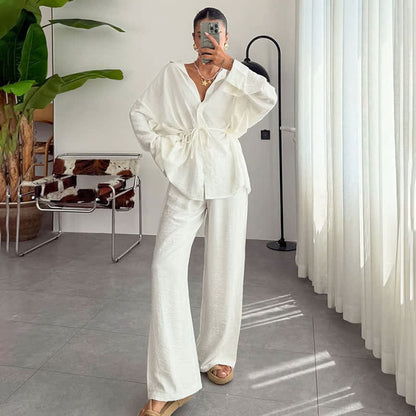Ensemble de vêtements d'intérieur texturés et froissés de couleur unie Ownkoti - Blanc - L - image 0