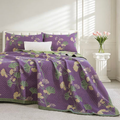 Couverture en gaze de coton à motif de feuilles de ginkgo Ownkoti - Violet - 90" x 92" - image 0