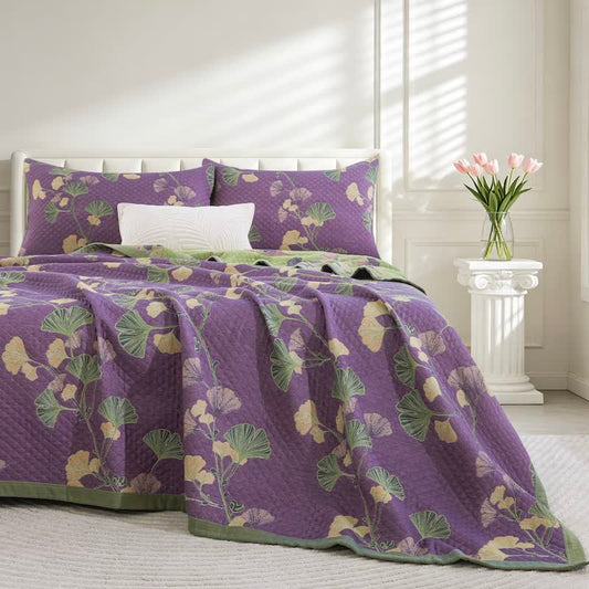 Couverture en gaze de coton à motif de feuilles de ginkgo Ownkoti - Violet - 90" x 92" - image 0