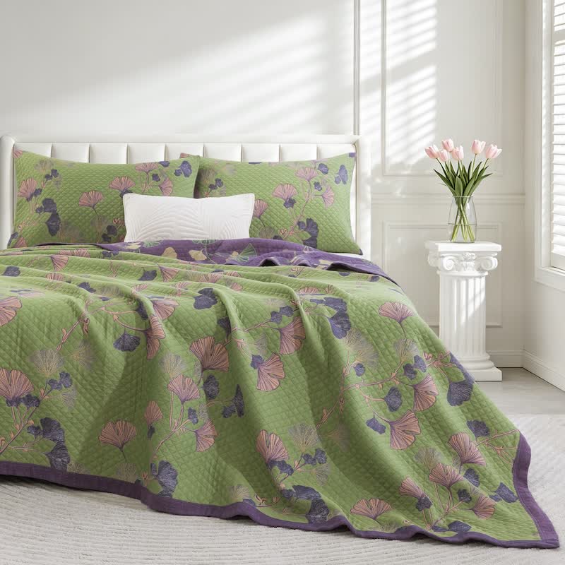 Couverture en gaze de coton à motif de feuilles de ginkgo Ownkoti - Vert - 90" x 92" - image 8