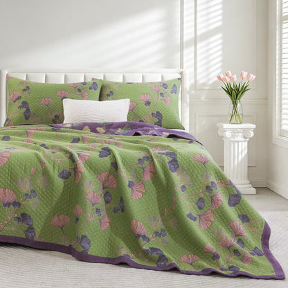 Couverture en gaze de coton à motif de feuilles de ginkgo Ownkoti - Vert - 90" x 92" - image 8