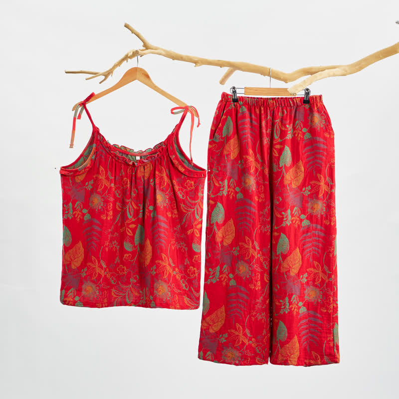 Ensemble de détente Ownkoti Retro Red Leaf Cotton Cami Lounge Set - Rouge - XL - image 0
