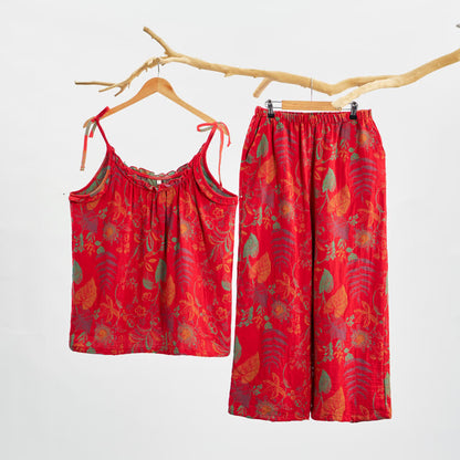 Ensemble de détente Ownkoti Retro Red Leaf Cotton Cami Lounge Set - Rouge - XL - image 0