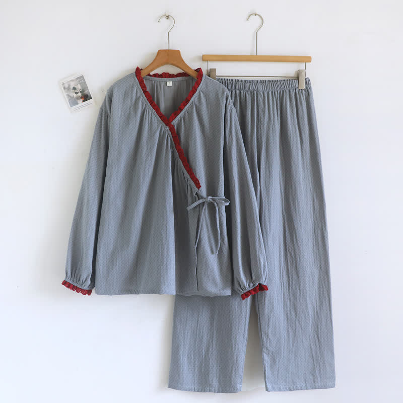 Ensemble de vêtements d'intérieur en coton à nouer sur le côté Ownkoti - Bleu - XL - image 5