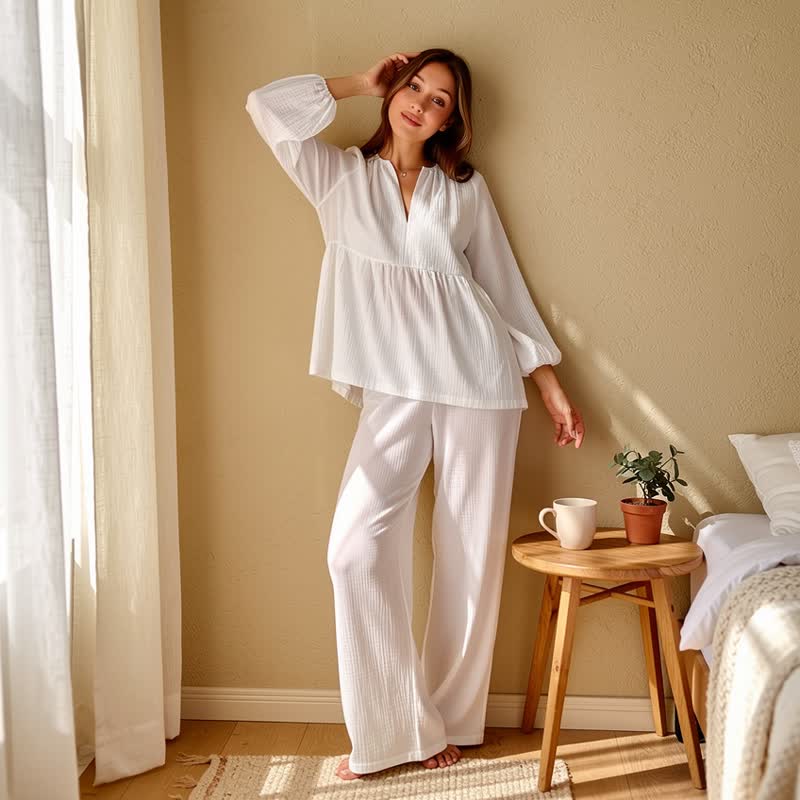 Ensemble de vêtements d'intérieur Ownkoti en gaze de coton blanc uni - image 3