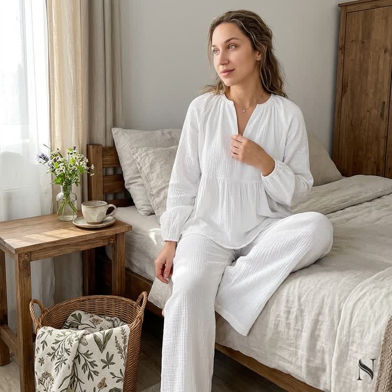 Ensemble de vêtements d'intérieur Ownkoti en gaze de coton blanc uni - Blanc - L - image 0