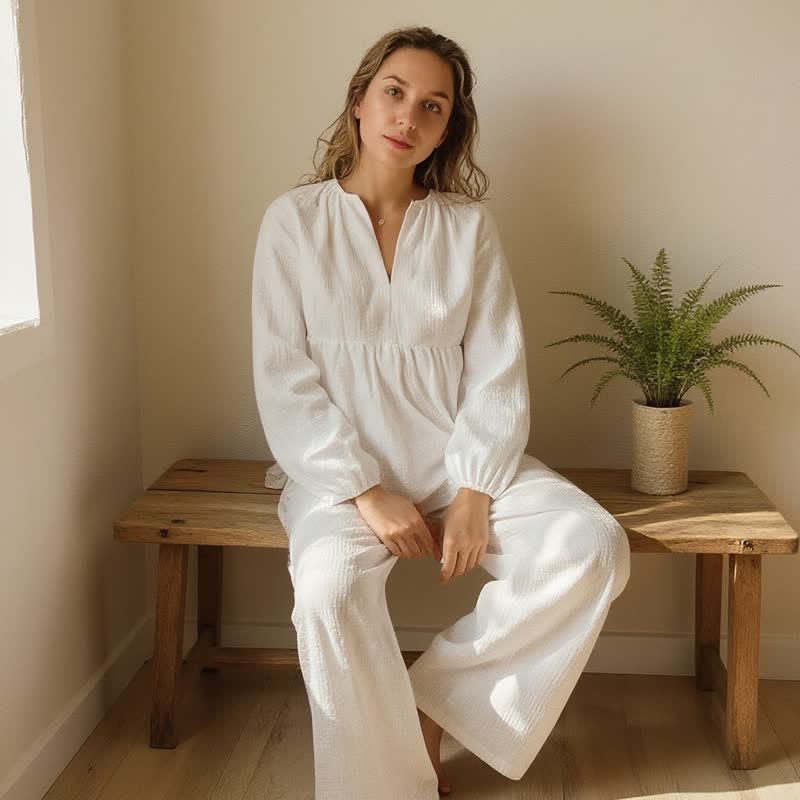 Ensemble de vêtements d'intérieur Ownkoti en gaze de coton blanc uni - image 4