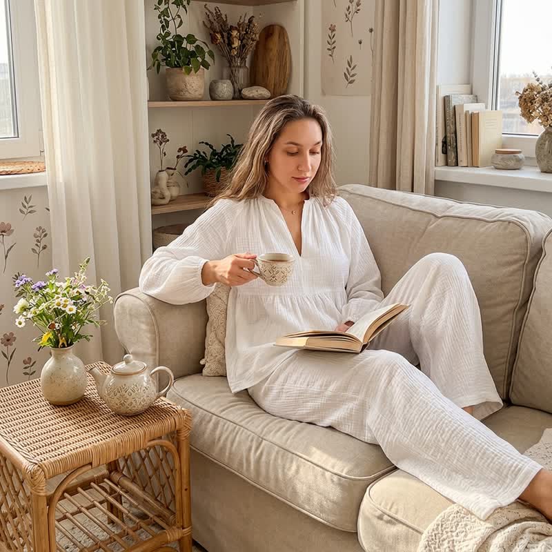 Ensemble de vêtements d'intérieur Ownkoti en gaze de coton blanc uni - image 2
