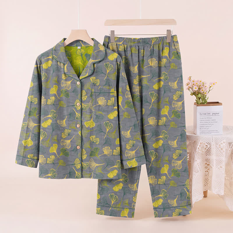 Ensemble kimono de détente en coton à motif de feuilles de ginkgo Ownkoti - image 3