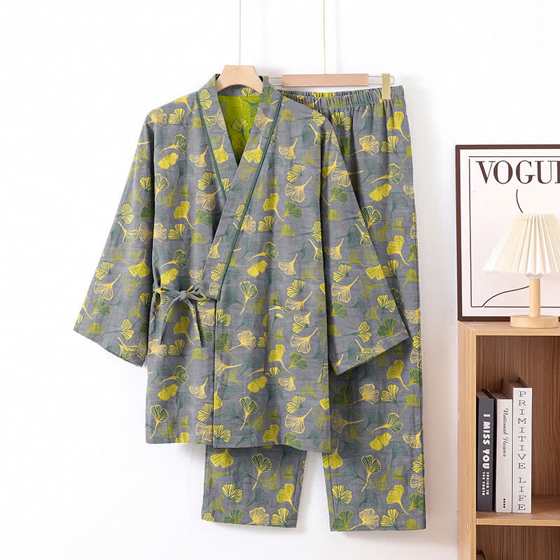 Ensemble kimono de détente en coton à motif de feuilles de ginkgo Ownkoti - Gris clair - XL - image 0