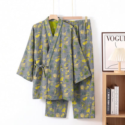 Ensemble kimono de détente en coton à motif de feuilles de ginkgo Ownkoti - Gris clair - XL - image 0