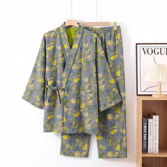 Ensemble kimono de détente en coton à motif de feuilles de ginkgo Ownkoti - Gris clair - XL - image 0