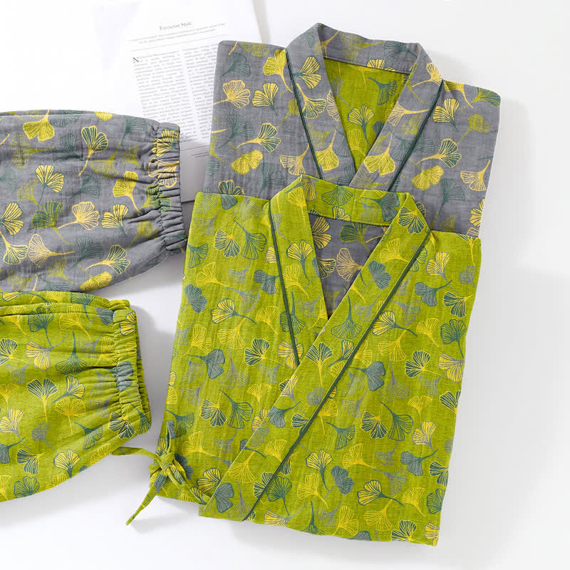Ensemble kimono de détente en coton à motif de feuilles de ginkgo Ownkoti - image 13