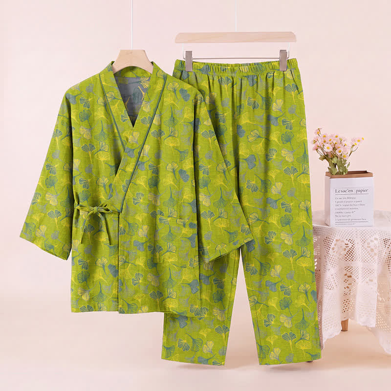 Ensemble kimono de détente en coton à motif de feuilles de ginkgo Ownkoti - image 11