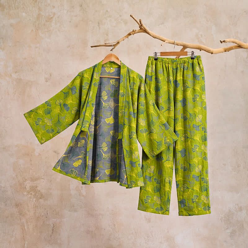 Ensemble kimono de détente en coton à motif de feuilles de ginkgo Ownkoti - image 15