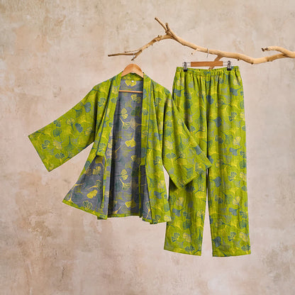 Ensemble kimono de détente en coton à motif de feuilles de ginkgo Ownkoti - image 15