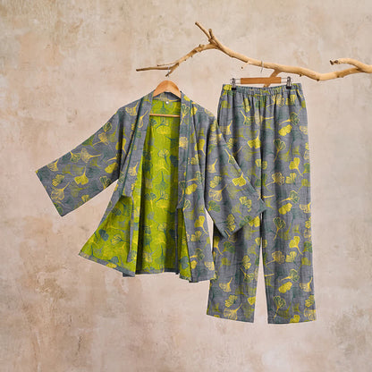 Ensemble kimono de détente en coton à motif de feuilles de ginkgo Ownkoti - image 7