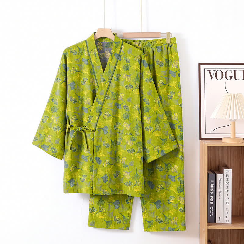 Ensemble kimono de détente en coton à motif de feuilles de ginkgo Ownkoti - Vert - XL - image 8