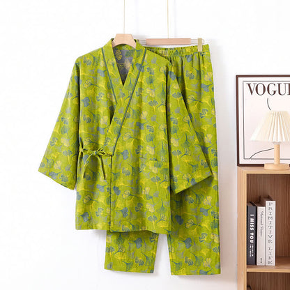 Ensemble kimono de détente en coton à motif de feuilles de ginkgo Ownkoti - Vert - XL - image 8