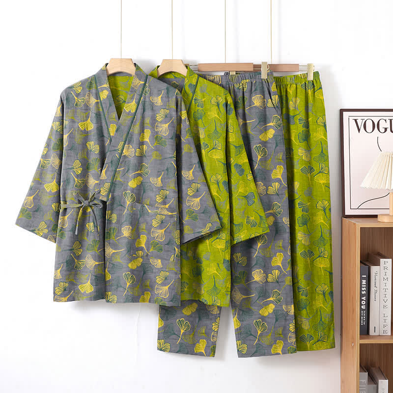 Ensemble kimono de détente en coton à motif de feuilles de ginkgo Ownkoti - image 4