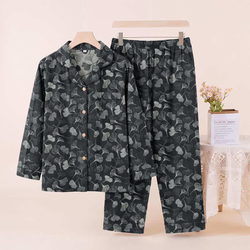Ensemble de vêtements d'intérieur à manches longues en coton à motif feuille de ginkgo Ownkoti - image 11