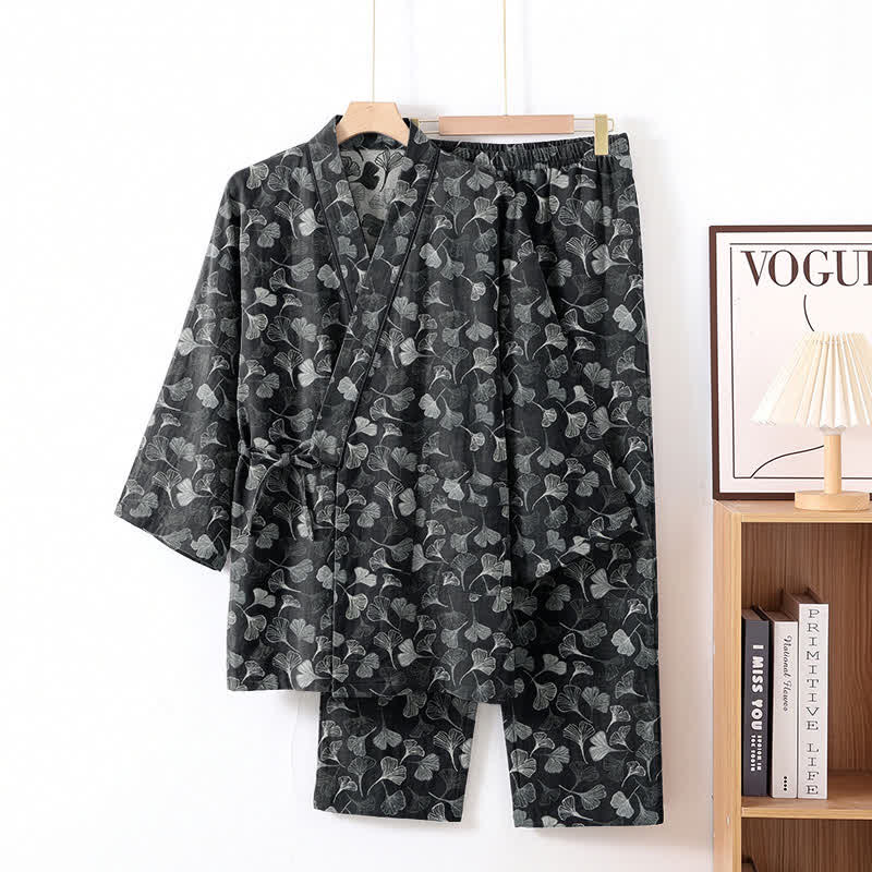 Ensemble de vêtements d'intérieur à manches longues en coton à motif feuille de ginkgo Ownkoti - Noir - XL - image 8