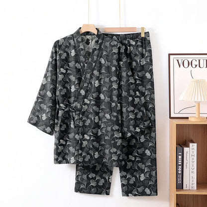 Ensemble de vêtements d'intérieur à manches longues en coton à motif feuille de ginkgo Ownkoti - Noir - XL - image 8