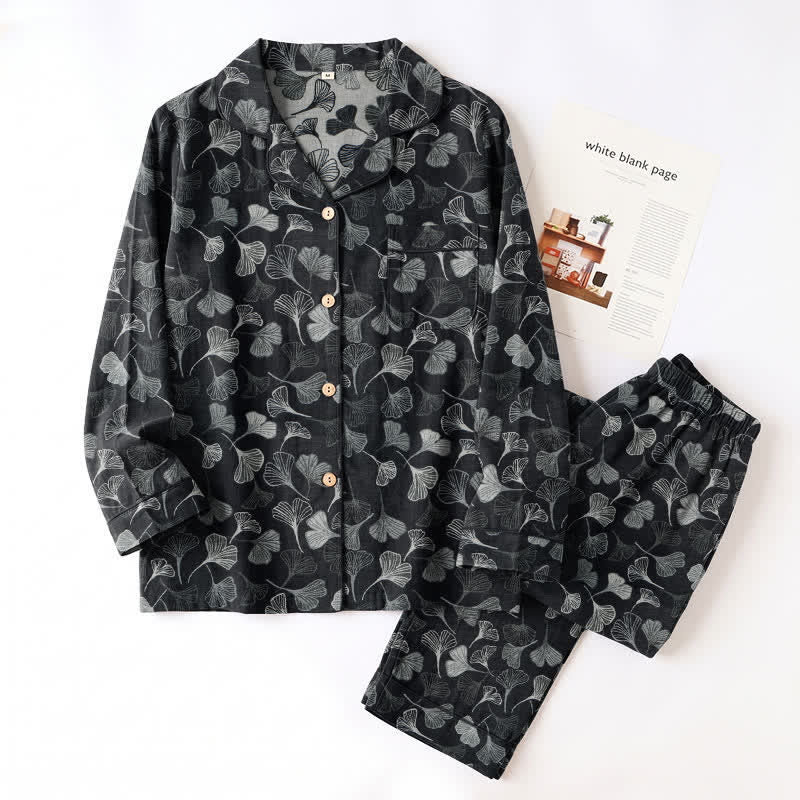 Ensemble de vêtements d'intérieur à manches longues en coton à motif feuille de ginkgo Ownkoti - image 14