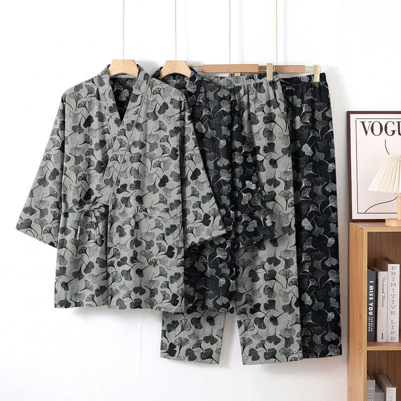 Ensemble de vêtements d'intérieur à manches longues en coton à motif feuille de ginkgo Ownkoti - image 4