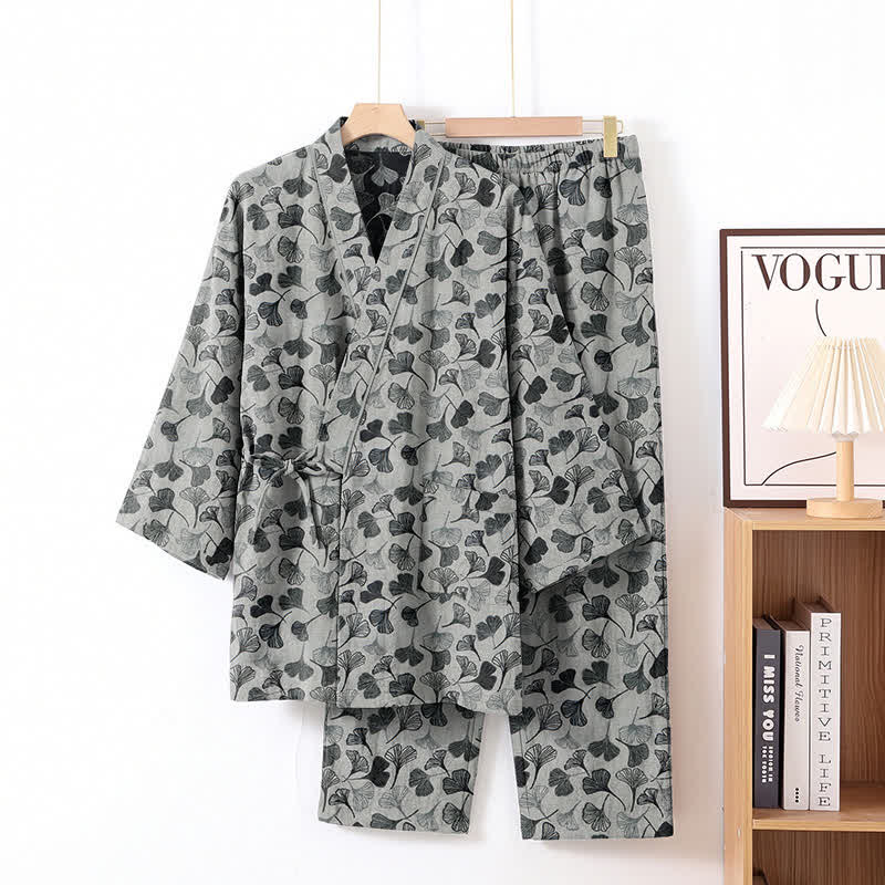 Ensemble de vêtements d'intérieur à manches longues en coton à motif feuille de ginkgo Ownkoti - Blanc - XL - image 0