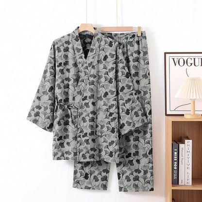 Ensemble de vêtements d'intérieur à manches longues en coton à motif feuille de ginkgo Ownkoti - Blanc - XL - image 0