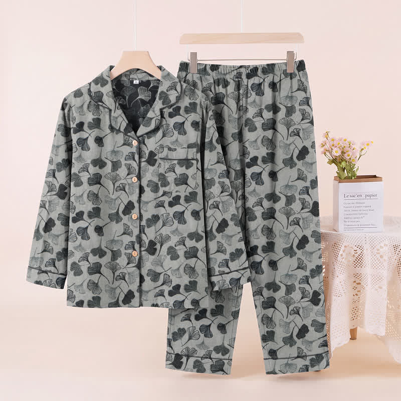 Ensemble de vêtements d'intérieur à manches longues en coton à motif feuille de ginkgo Ownkoti - image 3