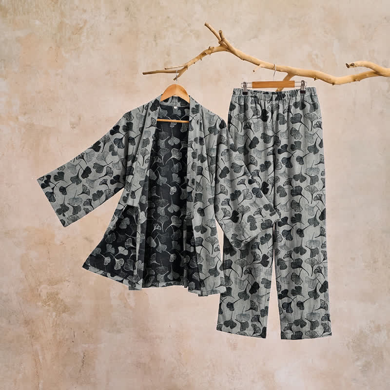 Ensemble de vêtements d'intérieur à manches longues en coton à motif feuille de ginkgo Ownkoti - image 7