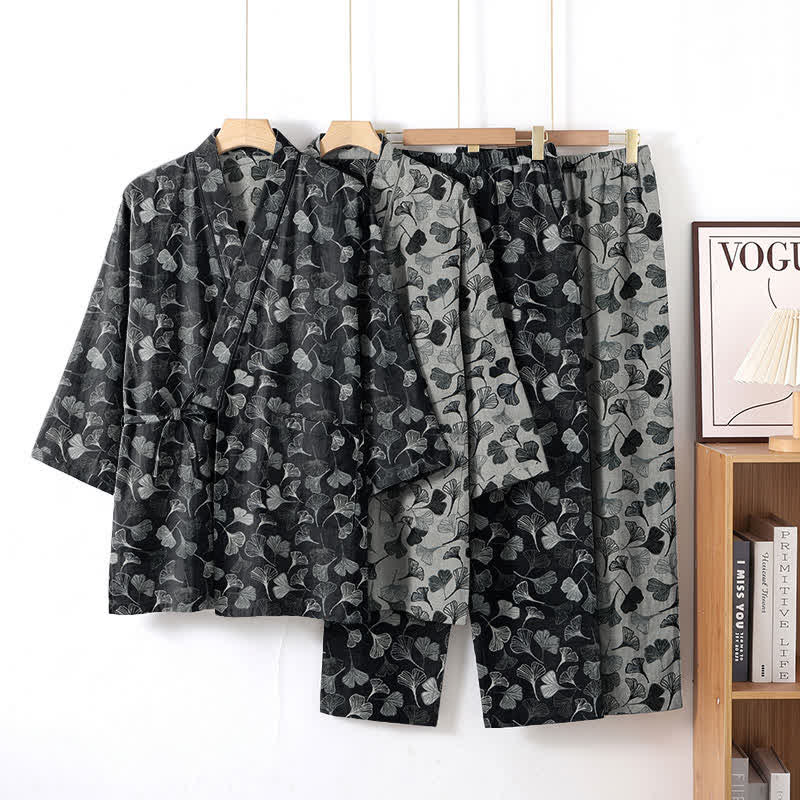 Ensemble de vêtements d'intérieur à manches longues en coton à motif feuille de ginkgo Ownkoti - image 12