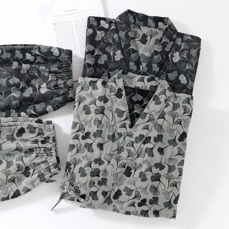 Ensemble de vêtements d'intérieur à manches longues en coton à motif feuille de ginkgo Ownkoti - image 5