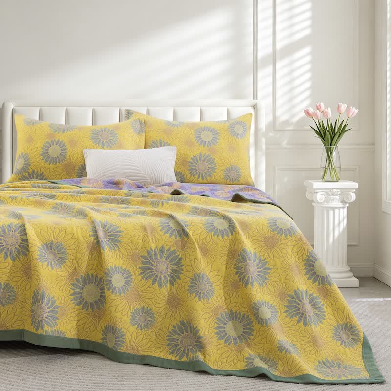 Couverture en gaze de coton rétro à motif tournesol Ownkoti - Jaune - 90" x 92" - image 8