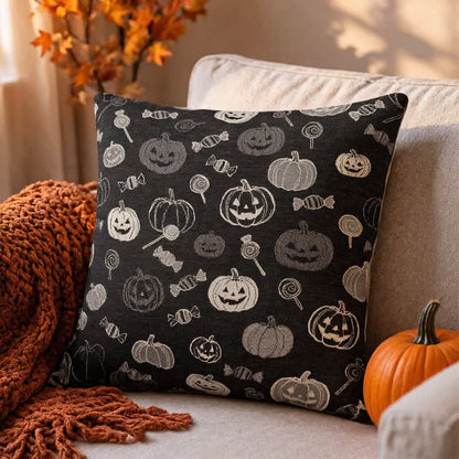 Oreiller en coton Ownkoti citrouille bonbon d'Halloween - Noir - 18 po x 18 po - Avec insert - image 0