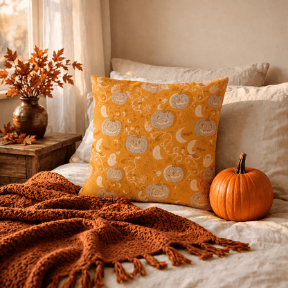 Coussin décoratif en coton Ownkoti Orange Pumpkin Ghost - Orange - 18 po x 18 po - Avec insert - image 0