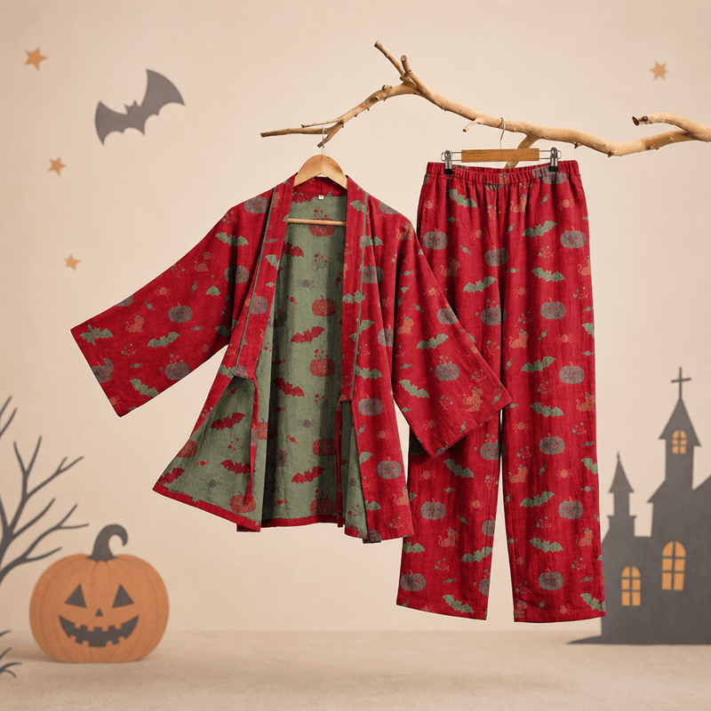Ensemble pyjama en coton Ownkoti Halloween citrouille chauve-souris - Rouge - XL - image 1