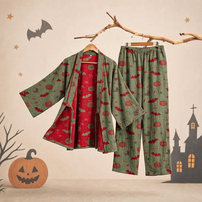 Ensemble pyjama en coton Ownkoti Halloween citrouille chauve-souris - Vert - XL - image 10