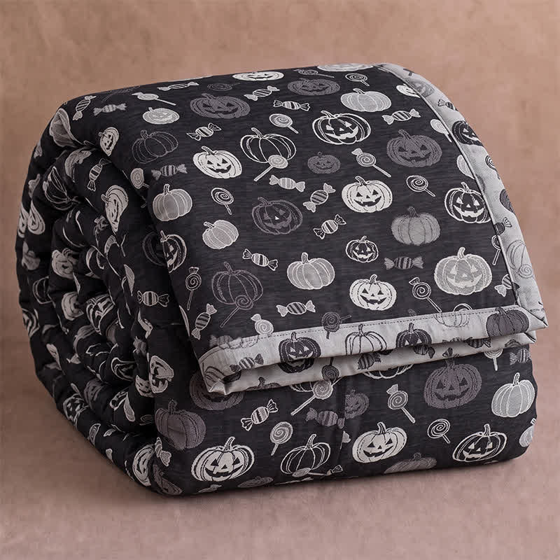 Couverture en coton Ownkoti noire citrouille bonbon d'Halloween - Noir - Couverture - 98" x 94" - image 0