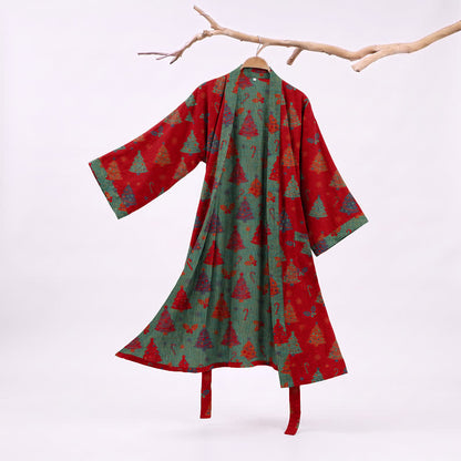 Kimono de Noël Ownkoti en gaze de coton, motif sapin de Noël - Rouge - XXL - image 0